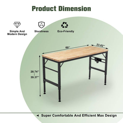Adjustable Height Workbench, 60" Rubber Wood Top Heavy Duty Workstation with Power Outlets, Hardwood Worktable