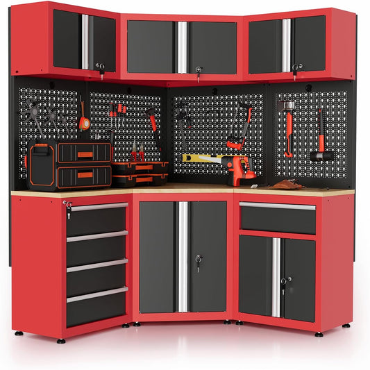 Garage Storage Cabinet System—8 Pcs Garage Cabinets and Storage System with Corner Cabinet,Cabinet Drawers,Workbench,Pegboard for Tool Organization,Garage Workshop Set with Legs,Black&Red