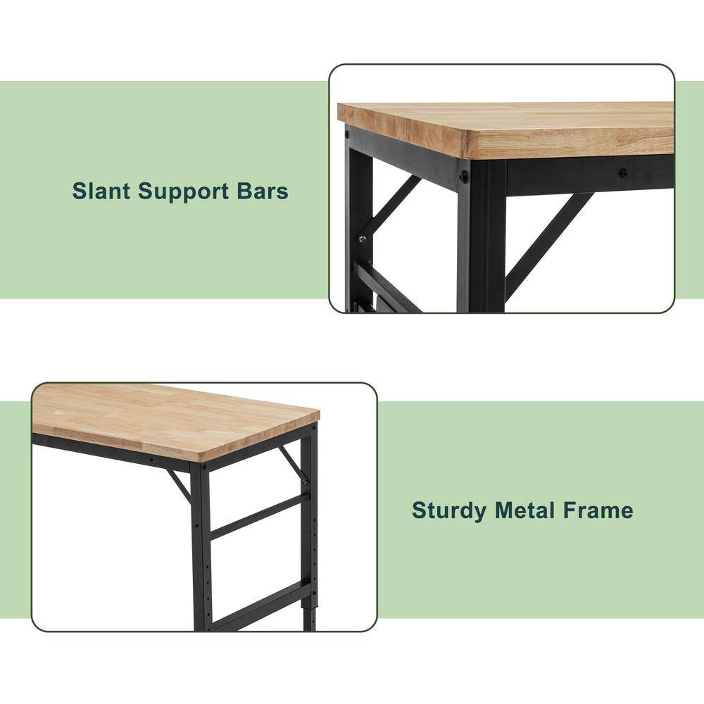 Adjustable Height Workbench, 60" Rubber Wood Top Heavy Duty Workstation with Power Outlets, Hardwood Worktable