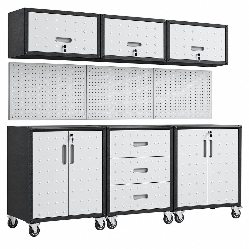 Garage Cabinet System | Heavy Duty Steel All-In-One Modular Garage Cabinet Set for Ultimate Workshop Organization | Easy Assembly Garage Storage Cabinets & Tool Bench