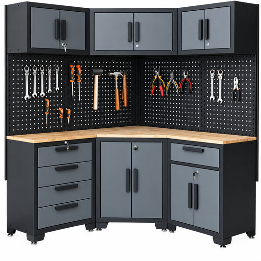 Garage Storage Cabinet System 8-Pcs Garage Cabinets and Storage System Corner Workshop Set with Corner Cabinet, Cabinet Drawers, Workbench, Pegboard for Tool Organization, Black and Grey