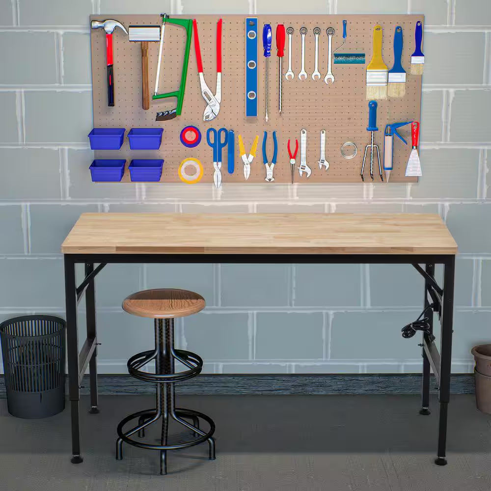 Adjustable Height Workbench, 60" Rubber Wood Top Heavy Duty Workstation with Power Outlets, Hardwood Worktable